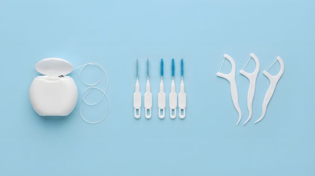 Hilfsmittel für die Implantatpflege Hilfsmittel gegen Periimplantitis: Zahnseide, fünf Interdentalbürsten und drei Zahnseide-Sticks auf hellblauem Untergrund