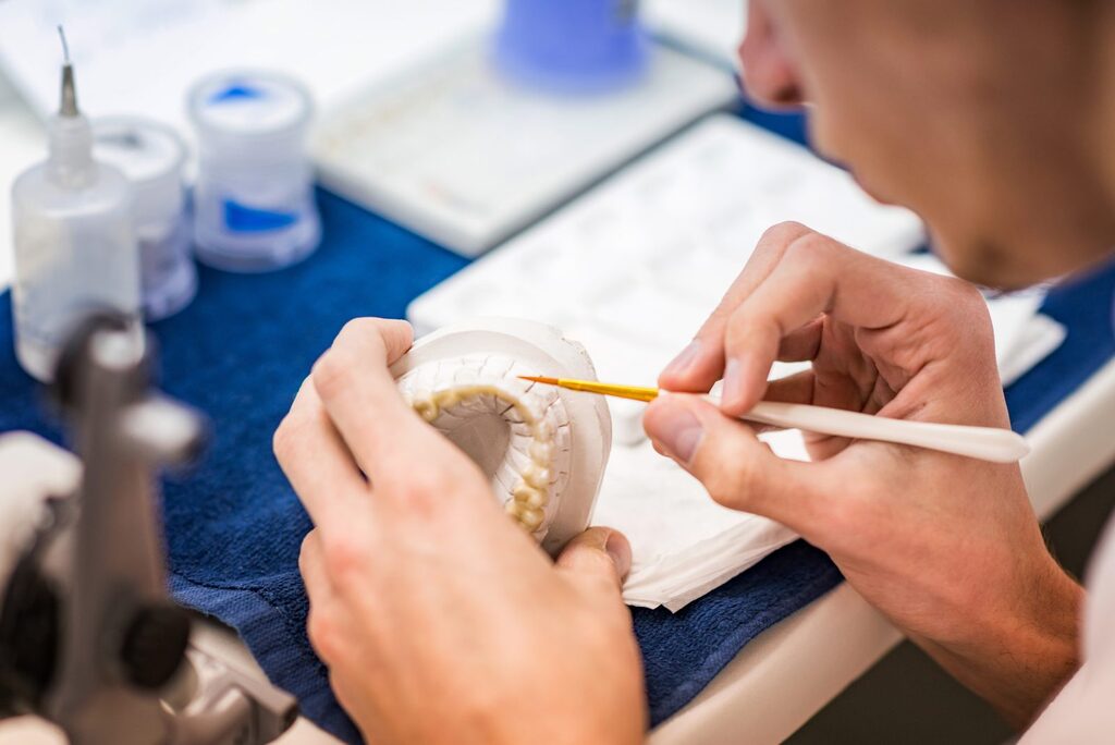 Zahntechnische Arbeit im Labor Zahntechniker bearbeitet mit einem feinen Pinsel die Zahnreihe eines Kiefermodells, Detailaufnahme im Dentallabor